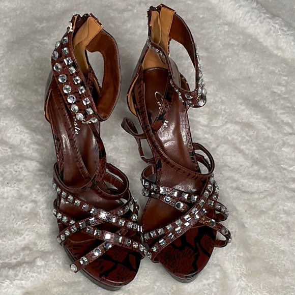 Brown, strappy, platform heels, bedazzled in lots of fun gems and jewels!! - Picture 2 of 9
